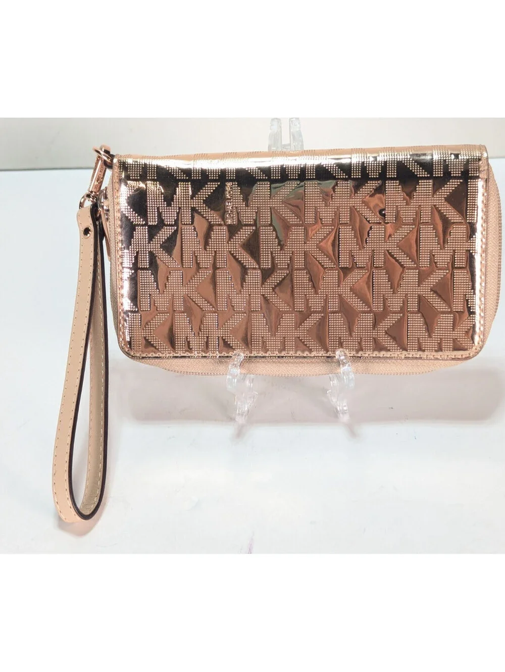 Michael Kors MK Signature Gold Metallic Wristlet Wallet Clutch Handbag Leather